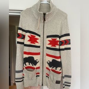 Superdry Men’s Size M Gray Buffalo Aztec Bison Zip Up Sweater Knit Cardigan.